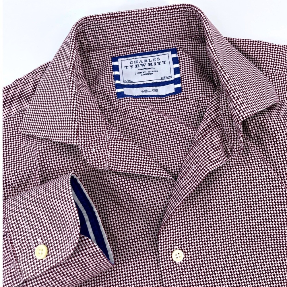 Charles Tyrwhitt Dress Shirt Mens 16/35 Burgundy Micro Houndstooth Slim Fit